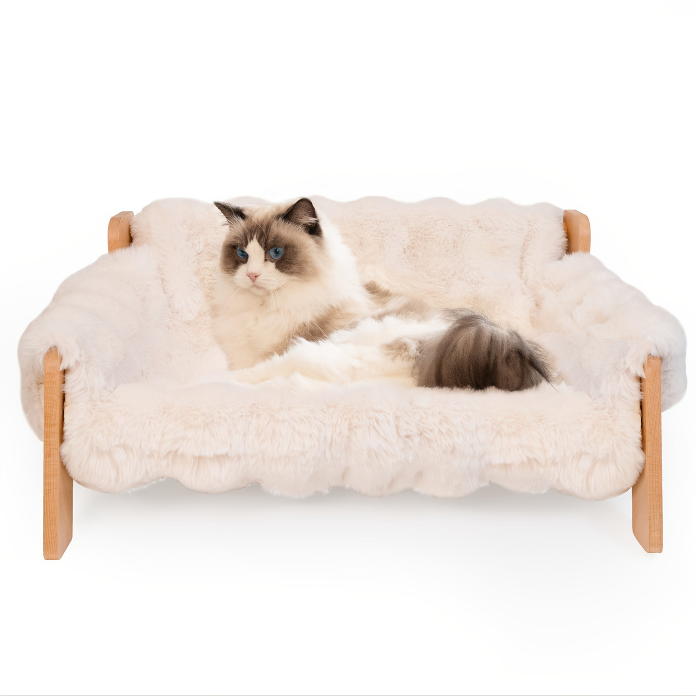 Elevated Pet Sofa Bed - Solid Wood Lounge Chair for Cats & Dogs, Modern Pet Furniture, Replaceable Mattress, Bamboo Mat & Fleece Options, White & Grey