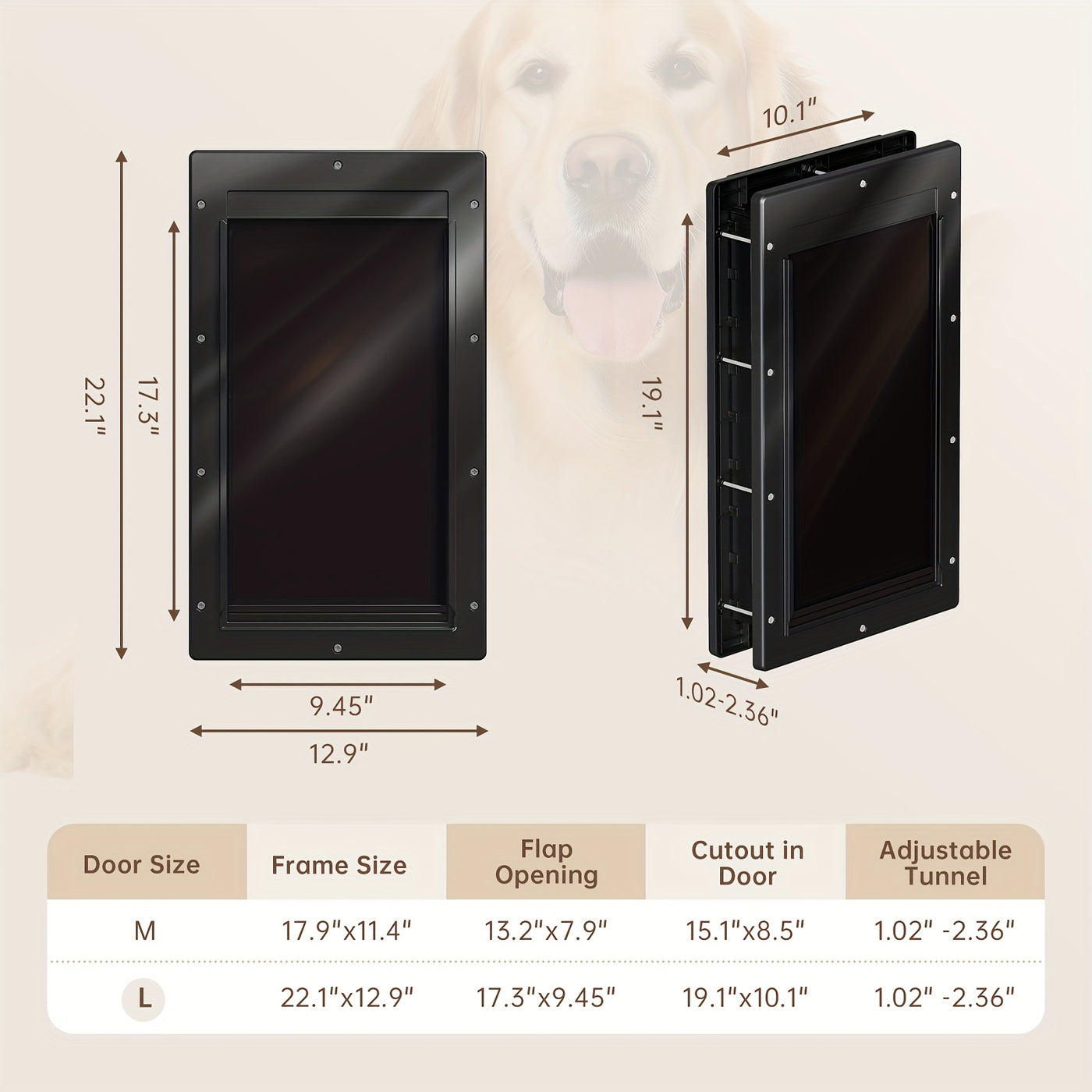 Large Dog Door Heavy Duty Plastic – Double Magnetic Flap Doggie Door for Interior & Exterior Doors or Wall, Easy Install, 45-100 LB Dogs