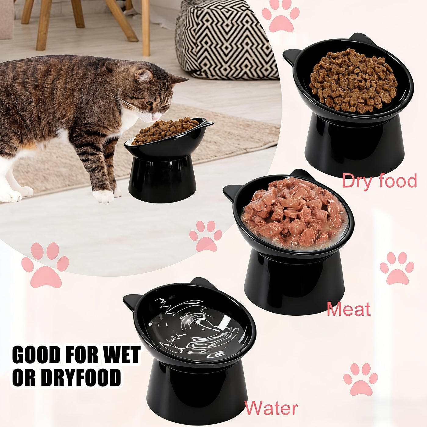 Cat Ear Shaped Raised Cat Bowls Set of 2 – Elevated Anti-Slip Anti-Vomiting Feeding Dish for Cats & Small Dogs, Neck Comfort Design