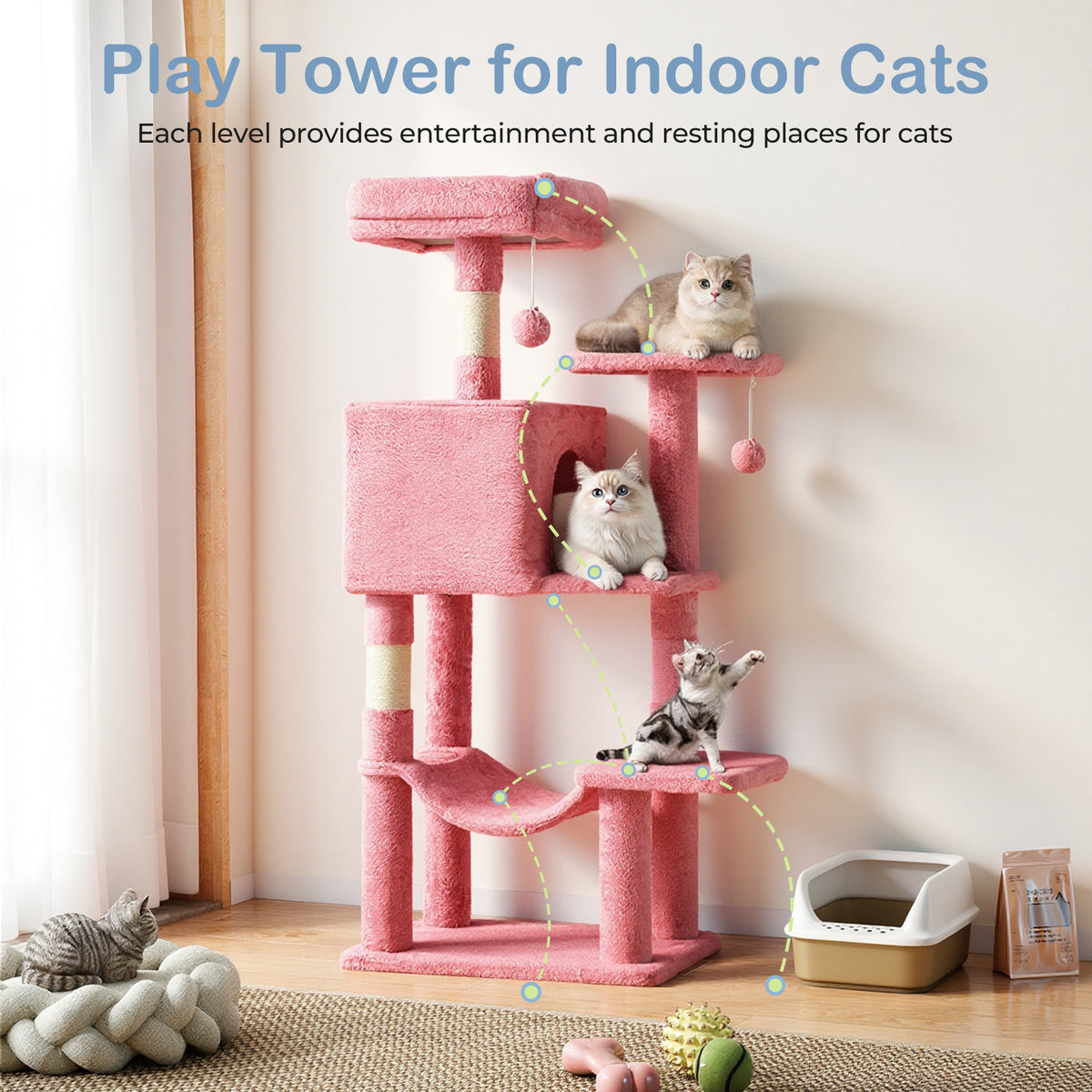 44-Inch Large Cat Tree Tower with Condo, Hammock & Sisal Scratching Posts – Multi-Level Indoor Cat House for Multiple Cats