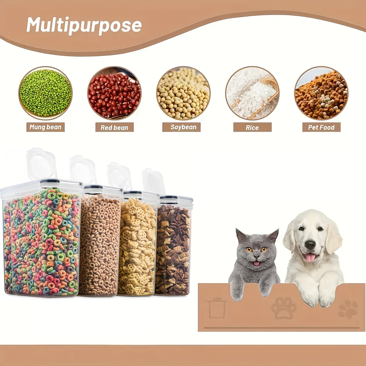 4 Pack Airtight Pet Food Storage Containers BPA-Free – Dry Dog & Cat Food Canisters with Colored Spoons for Kitchen Pantry, Grains, Rice & Bird Food