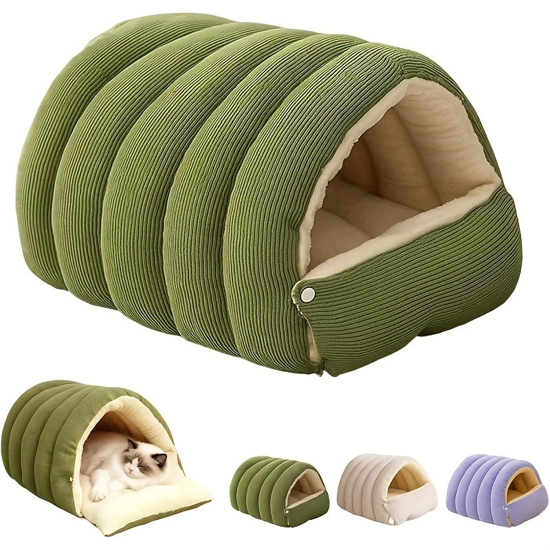 Cat Cave Bed for Indoor Cats – Cozy Cave-Style Tent with Removable Cushion, Warm Sleeping Bag Nest for Cats & Small Dogs, Autumn & Winter Pet Bed in Beige, Green & Purple