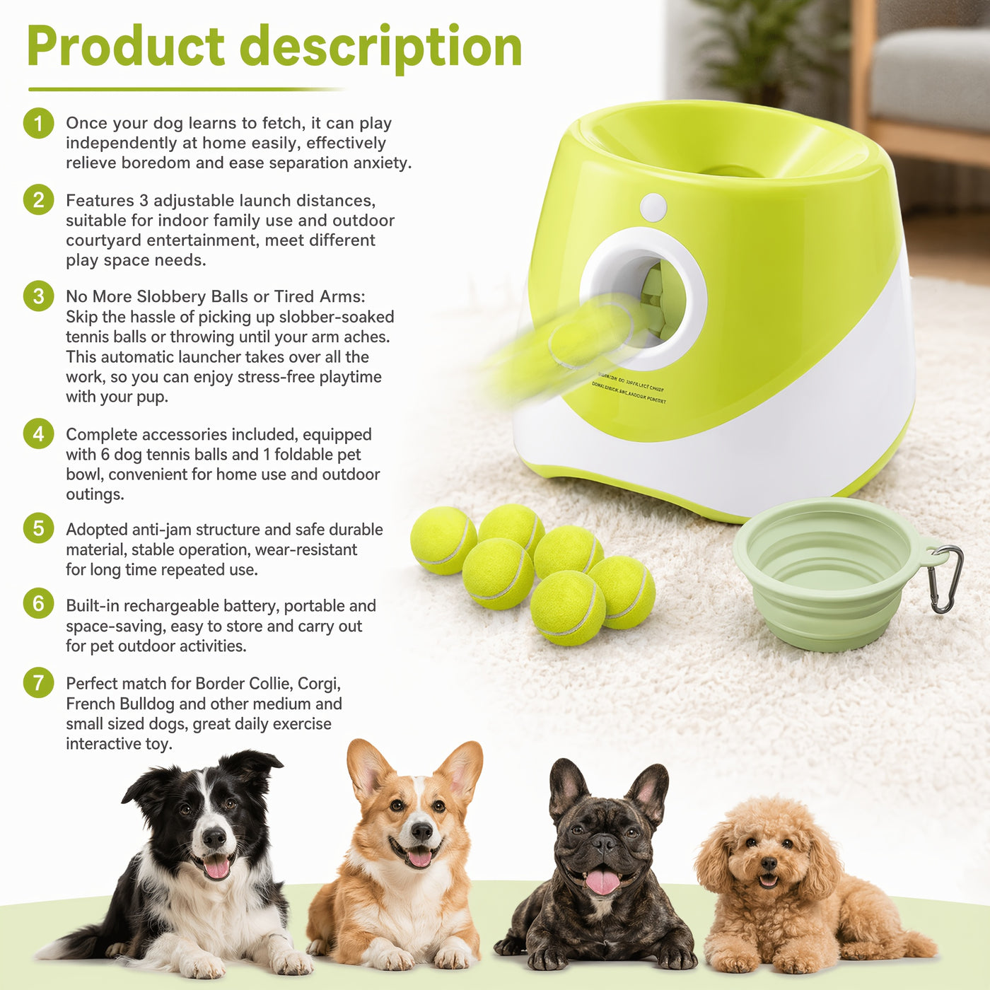 Automatic Dog Ball Launcher with Adjustable 10-30ft Range – Interactive Fetch Toy for Small & Medium Dogs with ETPU Balls & Foldable Water Bowl, Indoor/Outdoor
