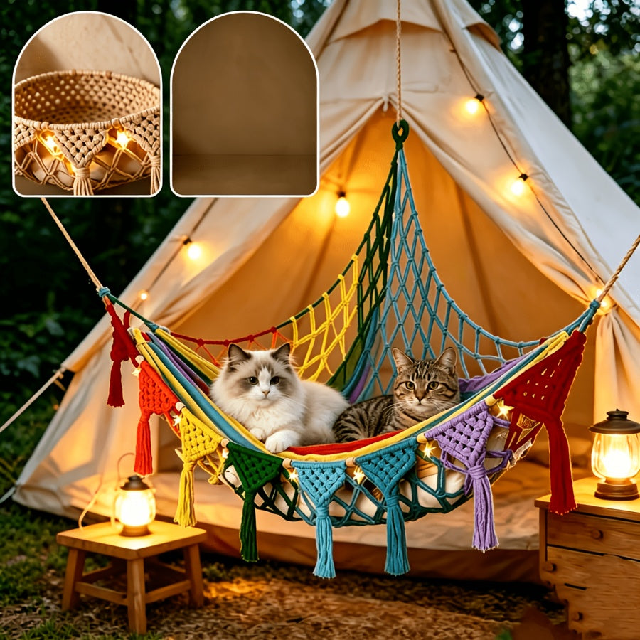 Cat Hammock Wall Mounted Hand-Woven Vinyl - No Assembly Hanging Cat Bed for Wall & Ceiling, All-Season Renter-Friendly Cat Basket Lounger for Kittens & Cats, Beige Pink Black Multicolor