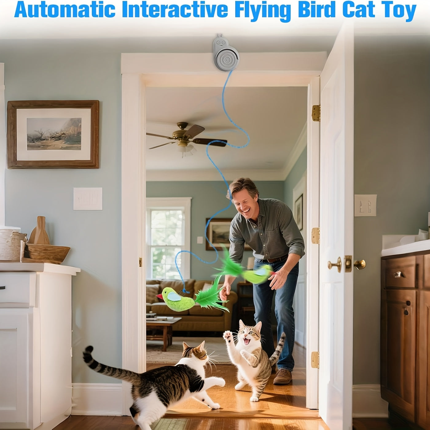 Automatic Electric Flying Bird Feather Cat Toy – Stick-On Hanging Interactive Toy for Indoor Cats & Kittens, Electric Kitty Enrichment Toy for Bored Cats, Grey Blue White
