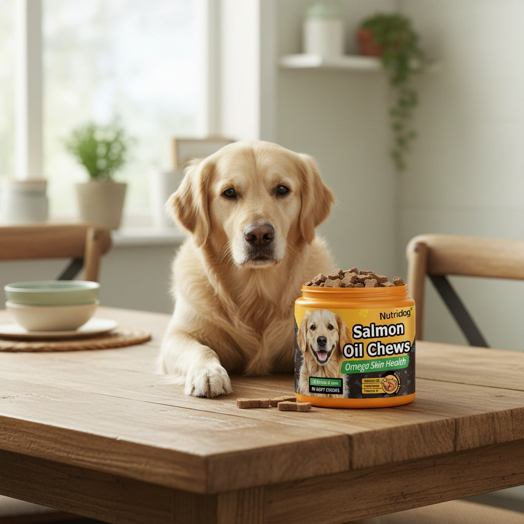 Dog Supplement Chews 90ct with Probiotics and Salmon Oil – Coat and Gut Health Chicken Flavor Soft Chews for All Ages