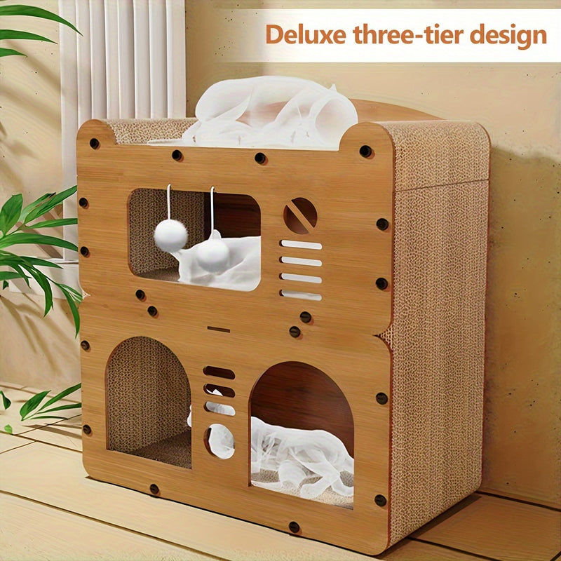 Cat Tree House Condo with Scratching Board & Plush Balls - Multi-Level 21" Indoor Outdoor Cat Condo, Dual Scratch Posts, Ventilation Doors, Cozy Perch for Cats Kittens