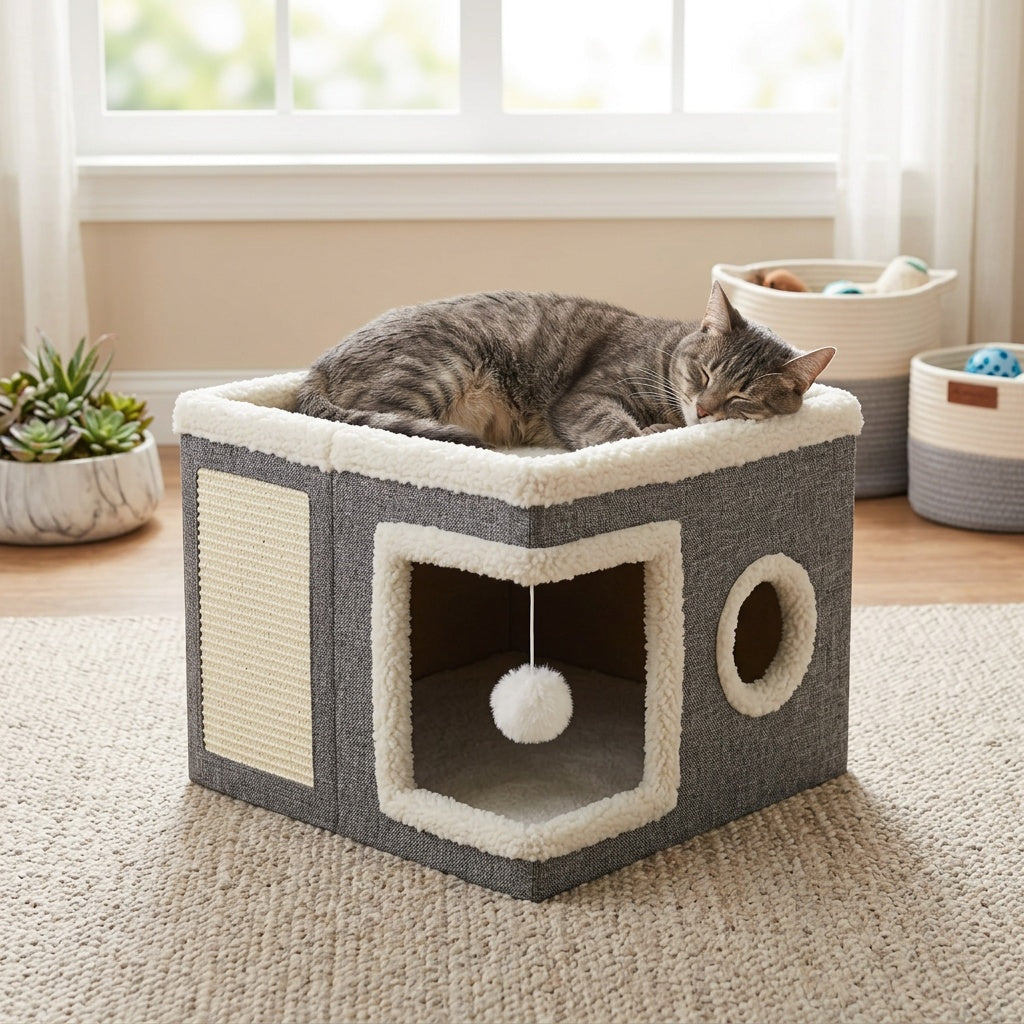 Foldable Cat Cube Bed with 2-Tier Perch, Toy Tunnel & Scratching Post – Space-Saving Indoor Cat House, 16.5x16.5x13 Inches, Plush & Canvas