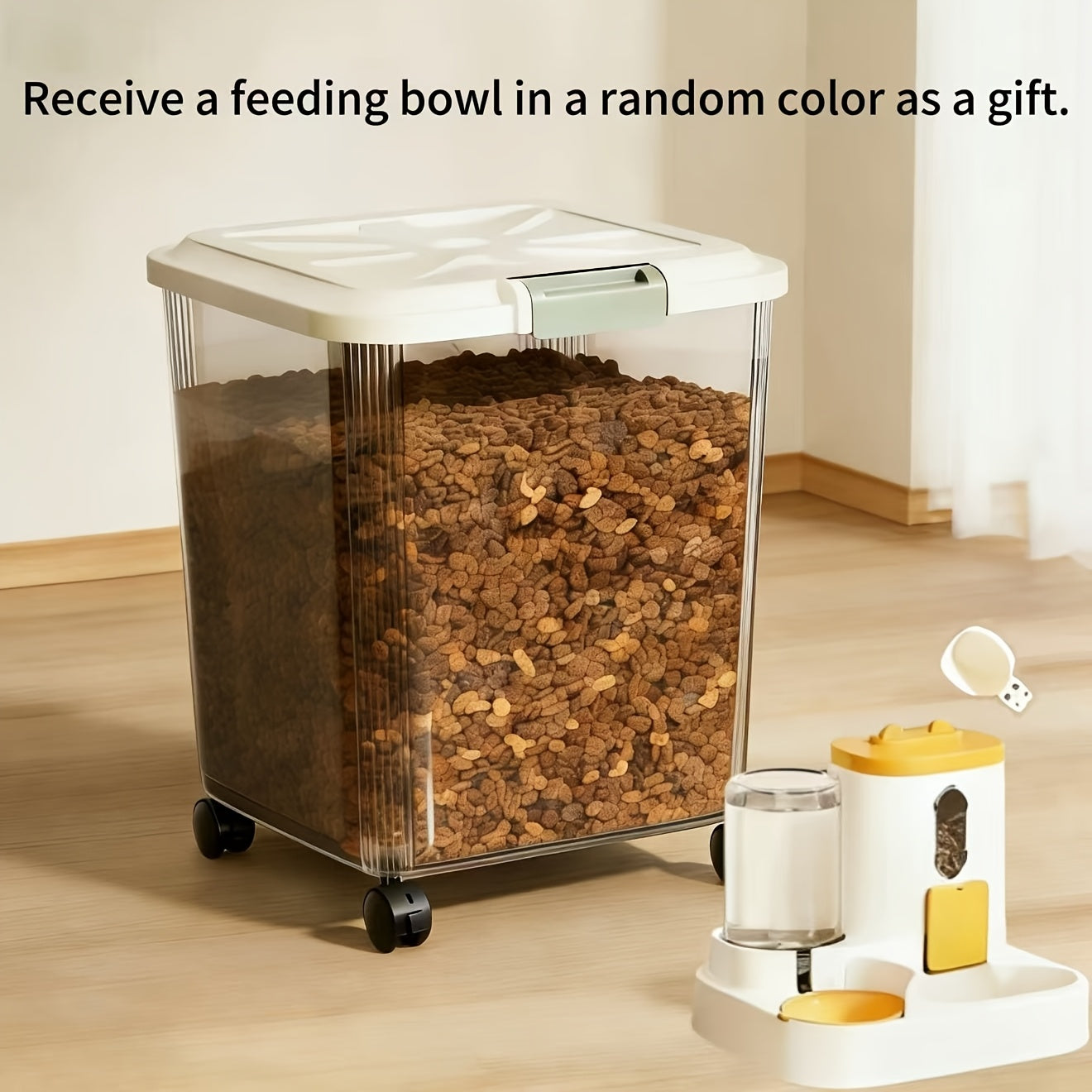 Pet Food Storage Container with Wheels – Sealed Lockable Transparent Rolling Bin with Scoop for Dog Cat Bird Food, 11lb / 22lb / 33lb