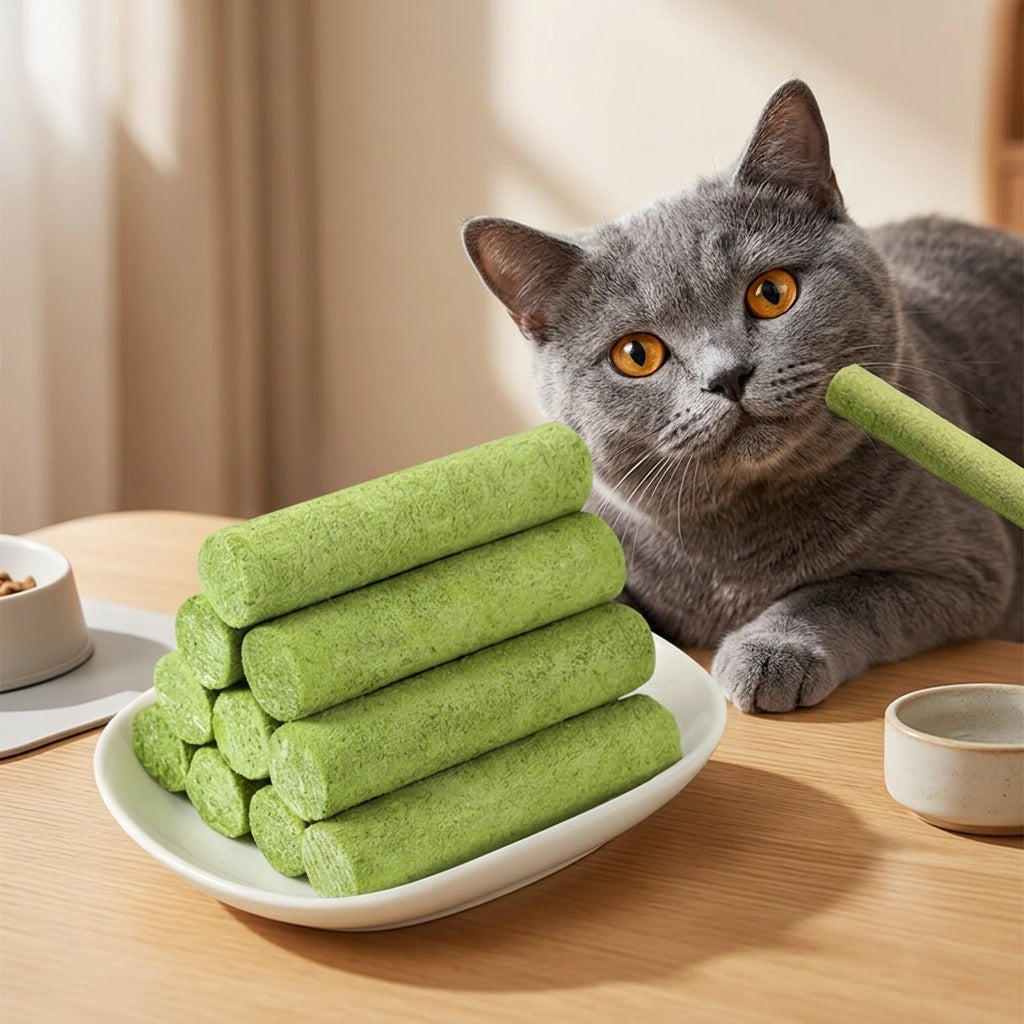 Cat Grass Sticks for Hairball Control – Freeze-Dried Catnip Treats with Instant Granules & Hair Cream Tablets for Indoor Cats | 15pcs / 3x5pcs Pack
