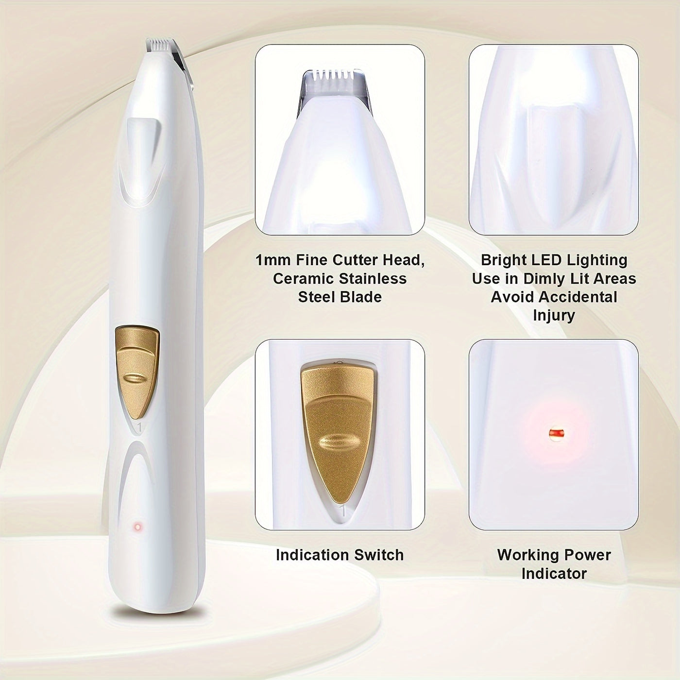 Electric Pet Paw Trimmer & Clipper with LED Light - USB Rechargeable Low Noise Dog Cat Grooming Kit for Eyes Face Ears Paws, Professional Pet Hair Shaver, White