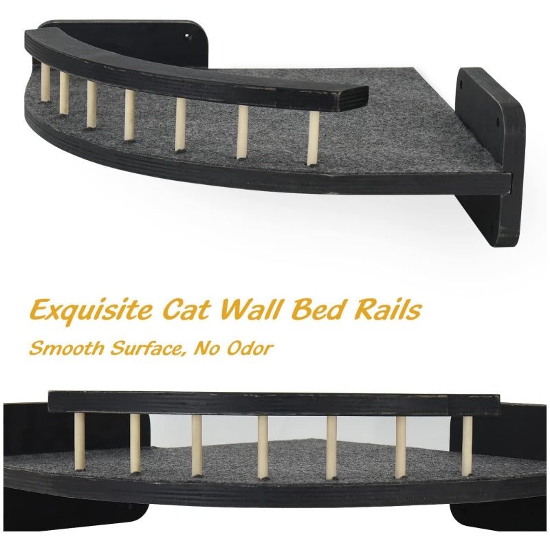 Wall Mounted Cat Shelves 5-Piece Set with Climbing Steps & Felt Pads – Cat Wall Furniture Hammock Rack, Holds 20 lbs, Black or White Wood
