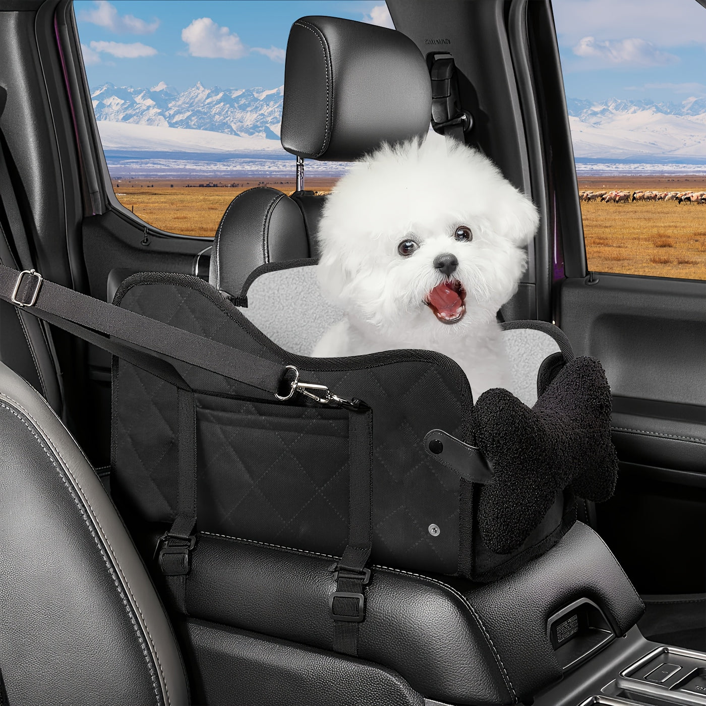 Center Console Dog Car Seat Booster – Portable Cozy Pet Car Seat for Small Dogs & Cats with Breathable Mesh Safety Harness Soft Padding, Universal Armrest Fit