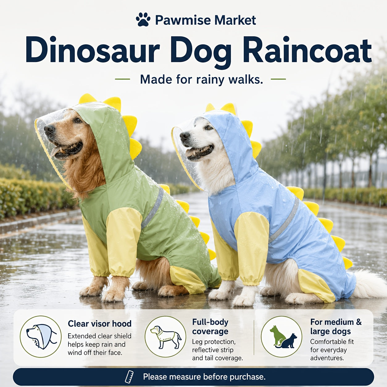 Large Dog Raincoat Dinosaur Costume Full Body – Waterproof Rain Jacket with Hood & Tail for Golden Retriever Labrador, Funny Outdoor Pet Outfit 3XL-8XL