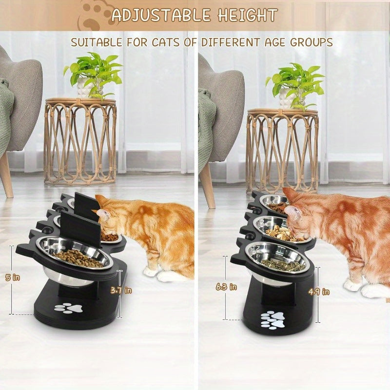 Elevated Cat Bowls 15° Tilted Stainless Steel – Raised Bowl Stand Feeder with Anti-Spill Wooden Base, Set of 2 or 3, for Cats & Small Dogs