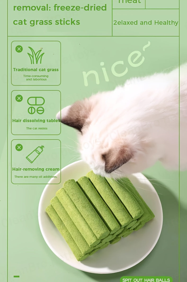 Cat Grass Sticks for Hairball Control – Freeze-Dried Catnip Treats with Instant Granules & Hair Cream Tablets for Indoor Cats | 15pcs / 3x5pcs Pack