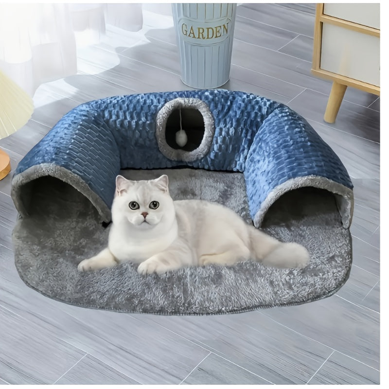Cat Tunnel Bed & Playhouse 3-in-1 – Soft Plush Polyester Cat Tunnel with Non-Slip Base, Easy Clean, for Cats Kittens & Rabbits, 17.64lbs Capacity