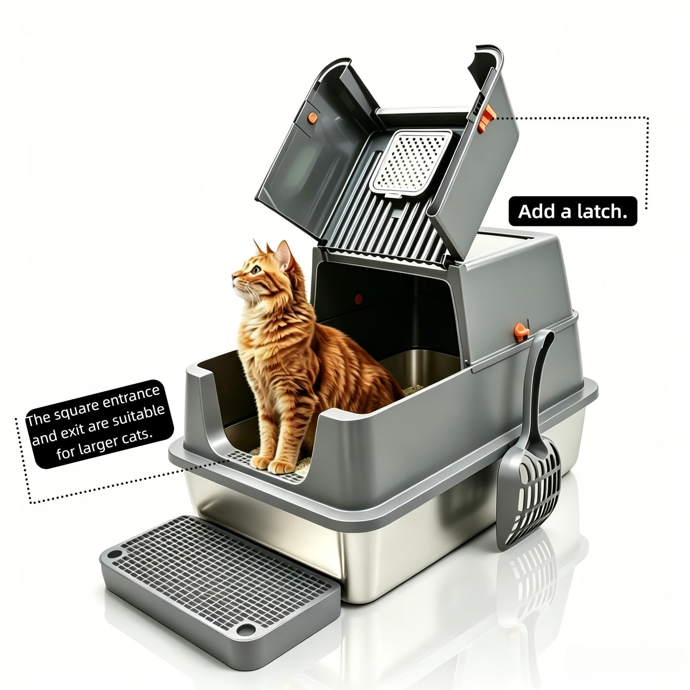 XL Stainless Steel Enclosed Cat Litter Box – 3-in-1 Flip Top Design, High Side Walls Prevent Litter Scatter, Ideal for Large Cats and Multi-Cat Households