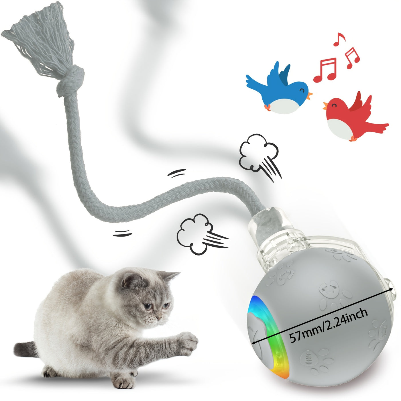Motion-Activated Smart Cat Toy 2-Pack USB Rechargeable with Bird Sounds Colorful Lights - Interactive Self-Play for Indoor Cats & Kittens