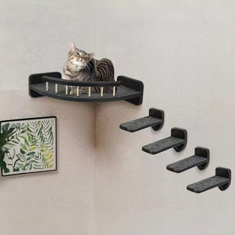 Wall Mounted Cat Shelves 5-Piece Set with Climbing Steps & Felt Pads – Cat Wall Furniture Hammock Rack, Holds 20 lbs, Black or White Wood