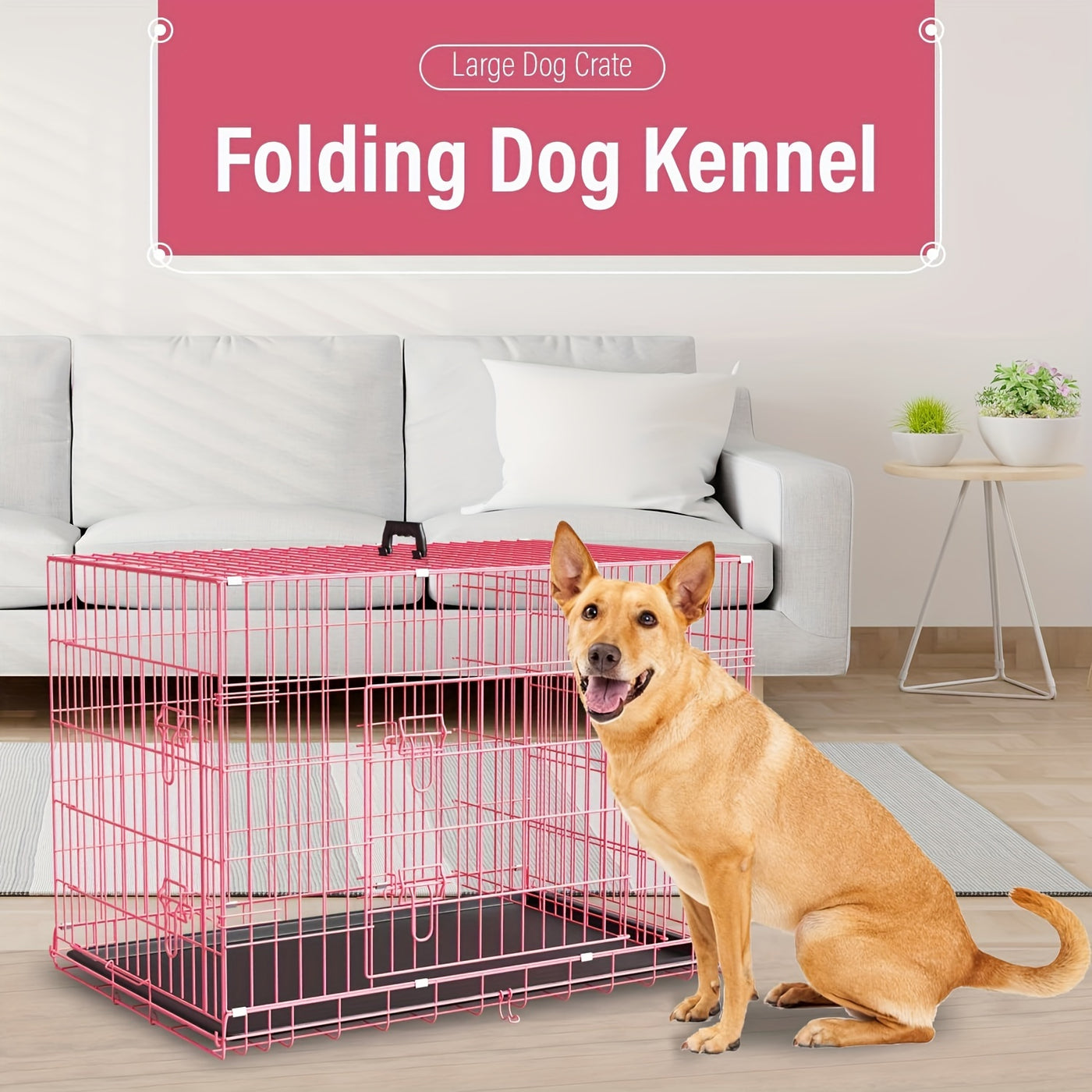 Folding Metal Dog Crate 42 & 48 Inch – Double Door Wire Dog Cage with Divider & Leak-Proof Tray for Puppies, Medium & Large Dogs, Indoor & Outdoor