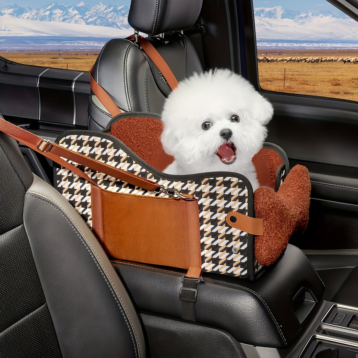 Center Console Dog Car Seat Booster – Portable Cozy Pet Car Seat for Small Dogs & Cats with Breathable Mesh Safety Harness Soft Padding, Universal Armrest Fit