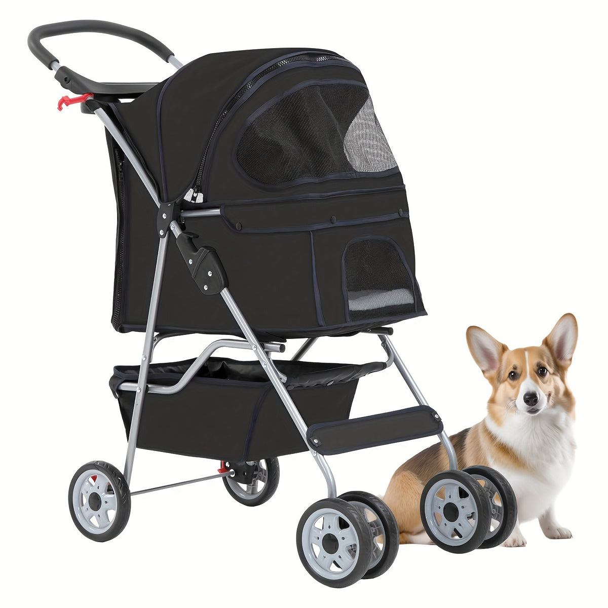 4-Wheel Pet Stroller for Cats & Dogs – Portable Breathable Stroller with Storage Basket & Cup Holder for Outdoor Walks | Black, Blue, Pink, Purple, Red
