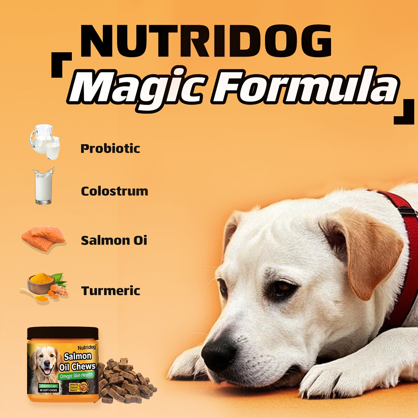 Dog Supplement Chews 90ct with Probiotics and Salmon Oil – Coat and Gut Health Chicken Flavor Soft Chews for All Ages