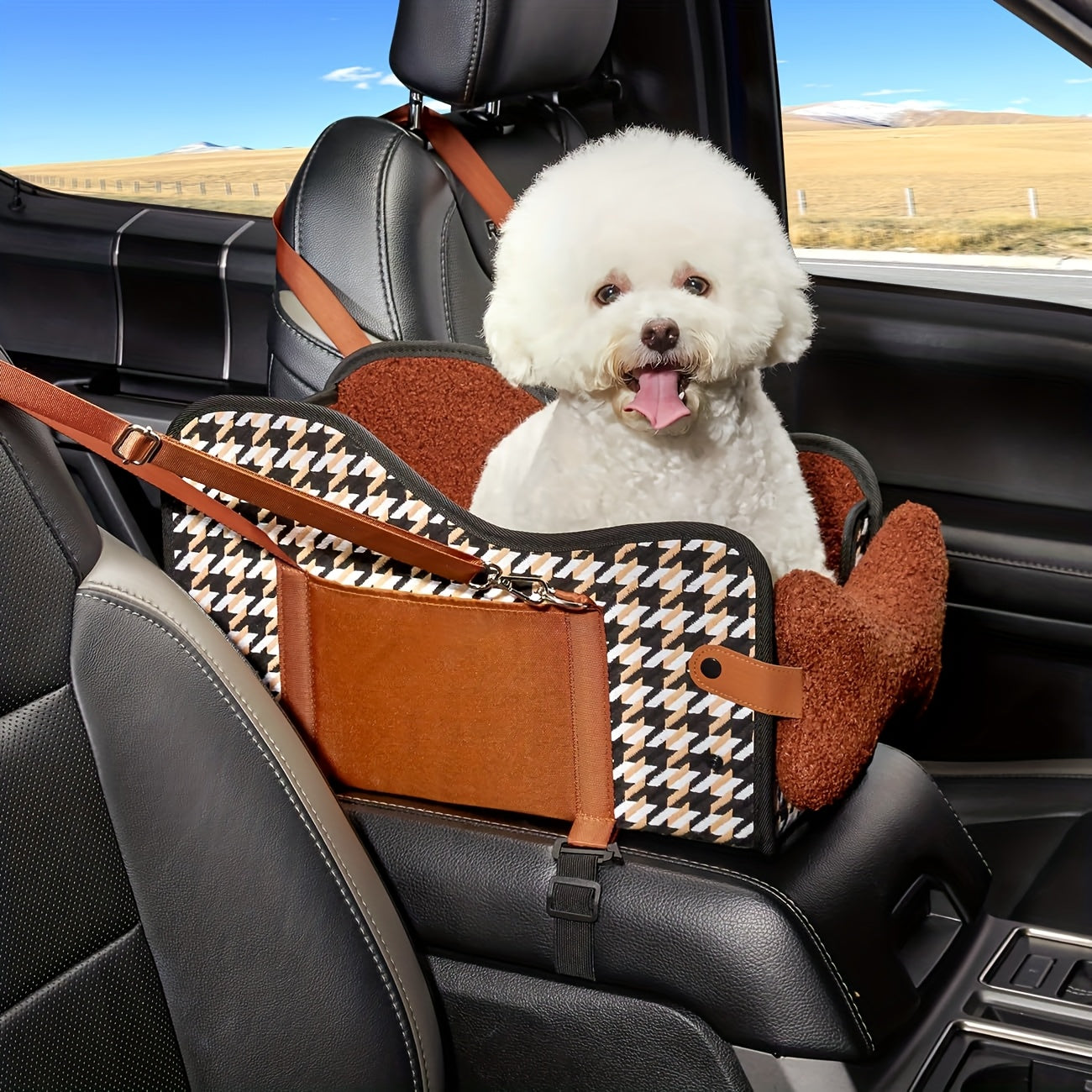 Center Console Dog Car Seat Booster – Portable Cozy Pet Car Seat for Small Dogs & Cats with Breathable Mesh Safety Harness Soft Padding, Universal Armrest Fit