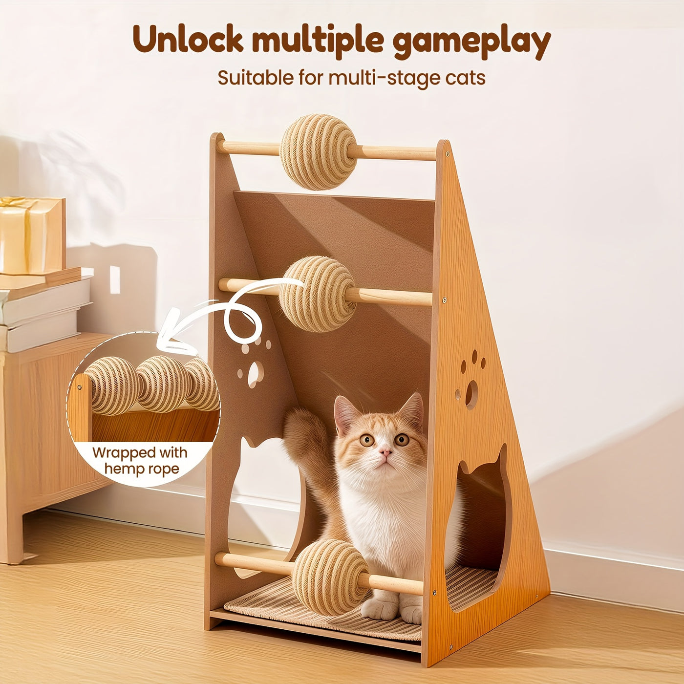 27-Inch Sisal Cat Scratching Board with Paw Pads & 3 Teaser Balls – Wear-Resistant Furniture Protector Scratcher for Indoor Cats