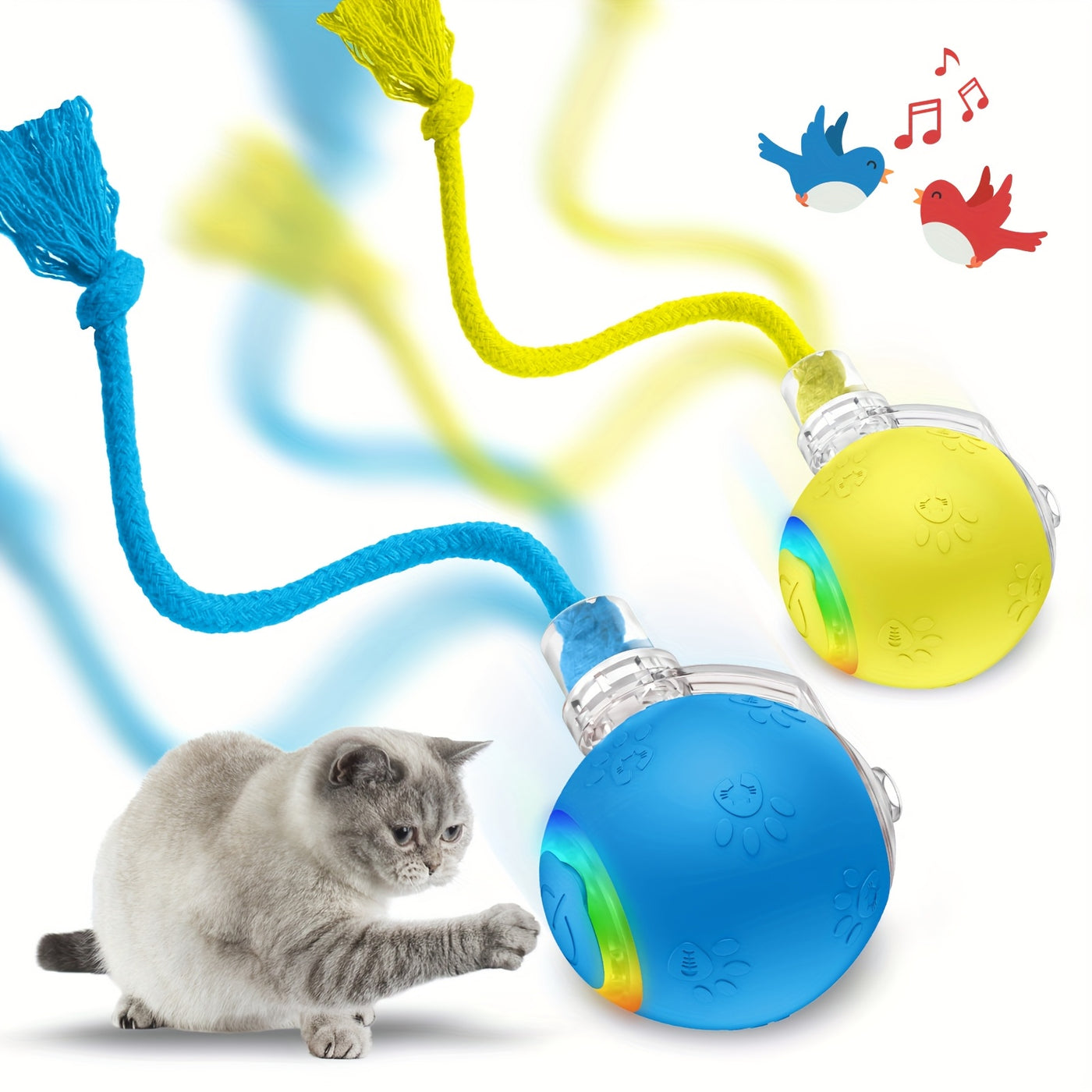 Motion-Activated Smart Cat Toy 2-Pack USB Rechargeable with Bird Sounds Colorful Lights - Interactive Self-Play for Indoor Cats & Kittens