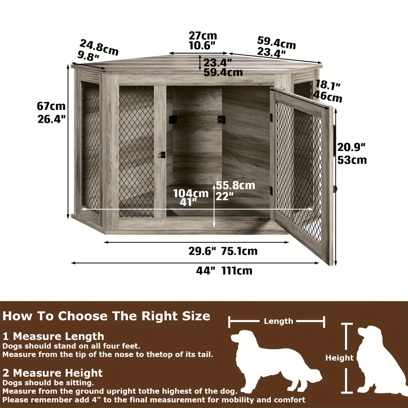 Wooden Dog Crate Furniture End Table with Mesh Door – Indoor Pet Kennel Side Table for Small Medium Dogs, 2 Sizes Brown Grey White