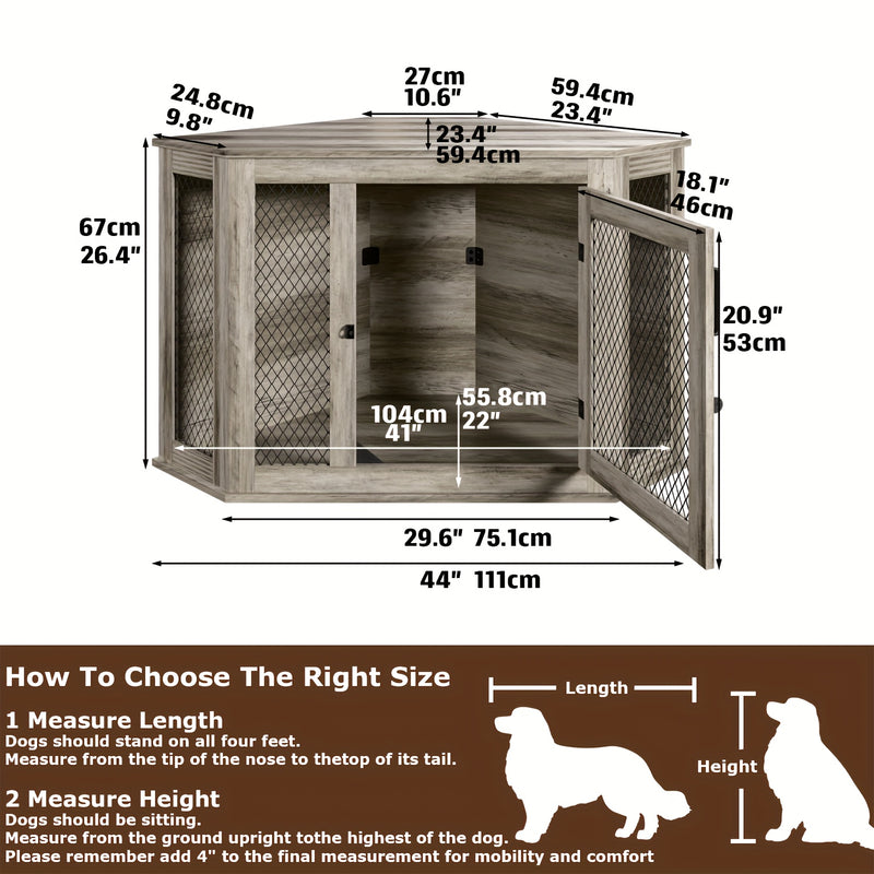 Wooden Dog Crate Furniture End Table with Mesh Door – Indoor Pet Kennel Side Table for Small Medium Dogs, 2 Sizes Brown Grey White