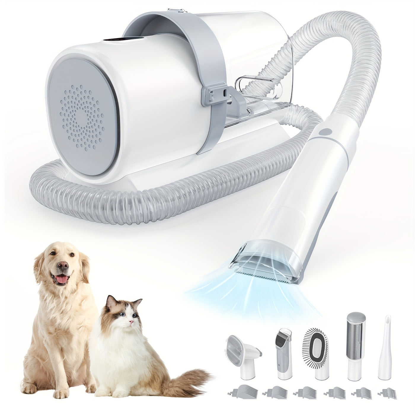 Pet Grooming Vacuum Kit 5-in-1 – Dog & Cat Hair Clipper with 99% Suction Vacuum, 6 Guide Combs, Professional Low-Noise Grooming Tools for Dogs Cats, White Grey & White Blue
