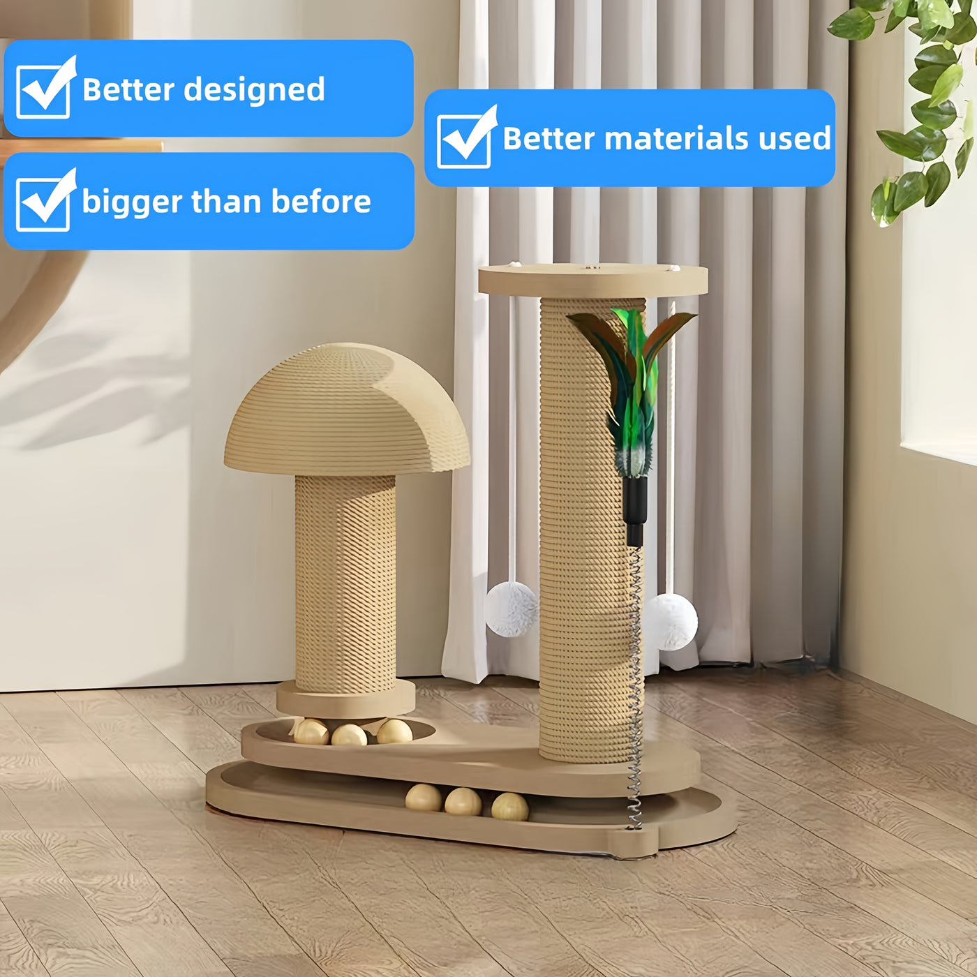 Cat Scratching Post Mushroom Shape – Solid Wood Sisal Scratcher with Wide Stable Base, Claw Maintenance & Climbing for Kittens and Cats, M or L