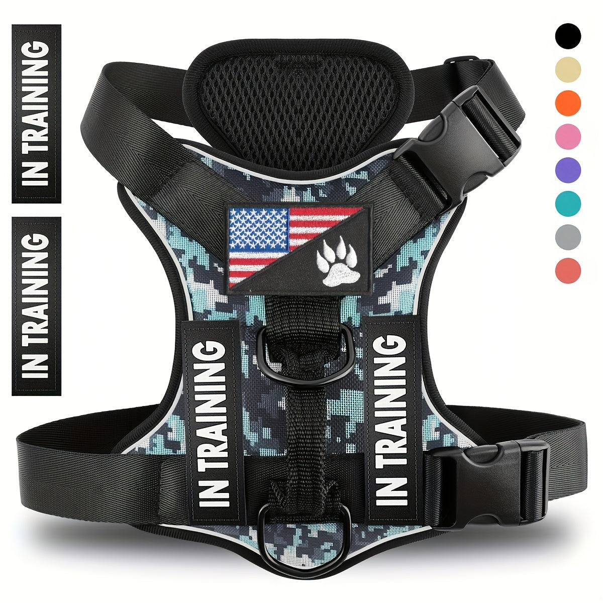 Dog Harness Set 6pcs with 5 Customizable Patches – Reflective Adjustable Mesh Vest Harness with Handle for Small Medium Large Dogs, Sizes XS-XL