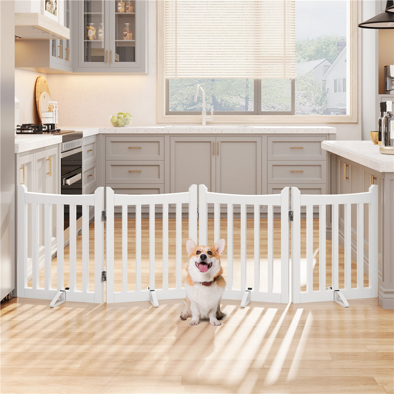 Freestanding Wooden Dog Gate Foldable Pet Fence with Door – 24" Tall Indoor Pet Barrier for Doorway Stairs, 3 or 4 Panels, White, Small Dogs