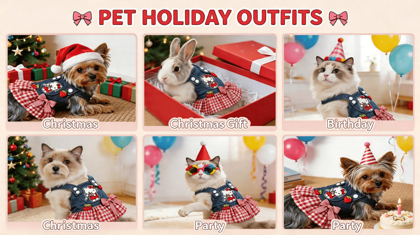 Hello Kitty Pet Dress Red White Plaid Pleated Skirt with 3D Bow & Strawberry – Sanrio Licensed Holiday Party Dress for Small Dogs Cats, XS-XL, Christmas Gift