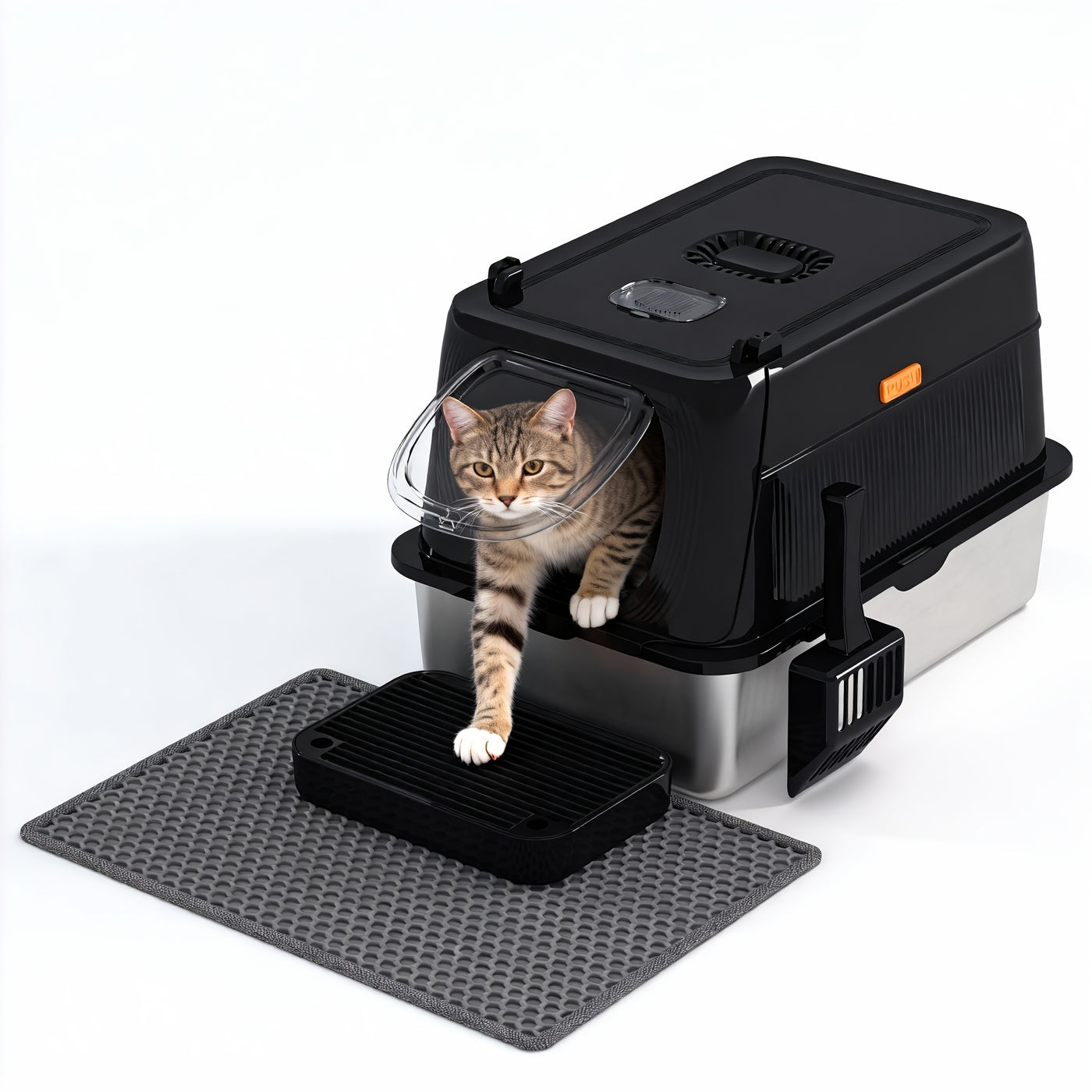 Extra Large Stainless Steel Cat Litter Box with Lid Enclosed Foldable Anti-Splash Indoor Cat Toilet with Front Flap Door Superior Odor Control