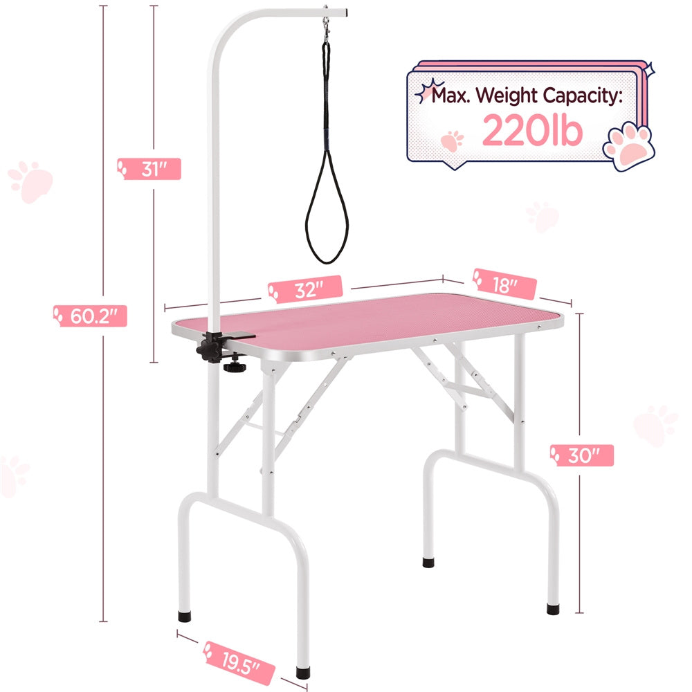 Foldable Pet Grooming Table with Height-Adjustable Arm – Non-Slip Waterproof Surface, Folding Legs for Easy Storage, Home & Professional Dog Cat Grooming Station