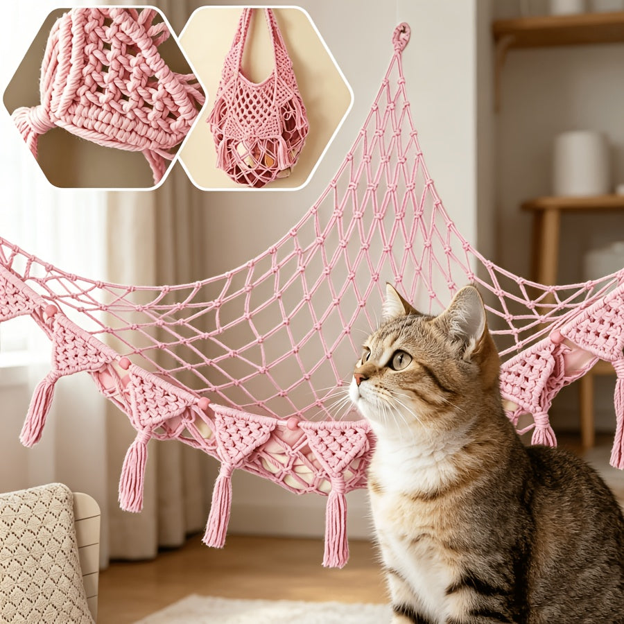 Cat Hammock Wall Mounted Hand-Woven Vinyl - No Assembly Hanging Cat Bed for Wall & Ceiling, All-Season Renter-Friendly Cat Basket Lounger for Kittens & Cats, Beige Pink Black Multicolor