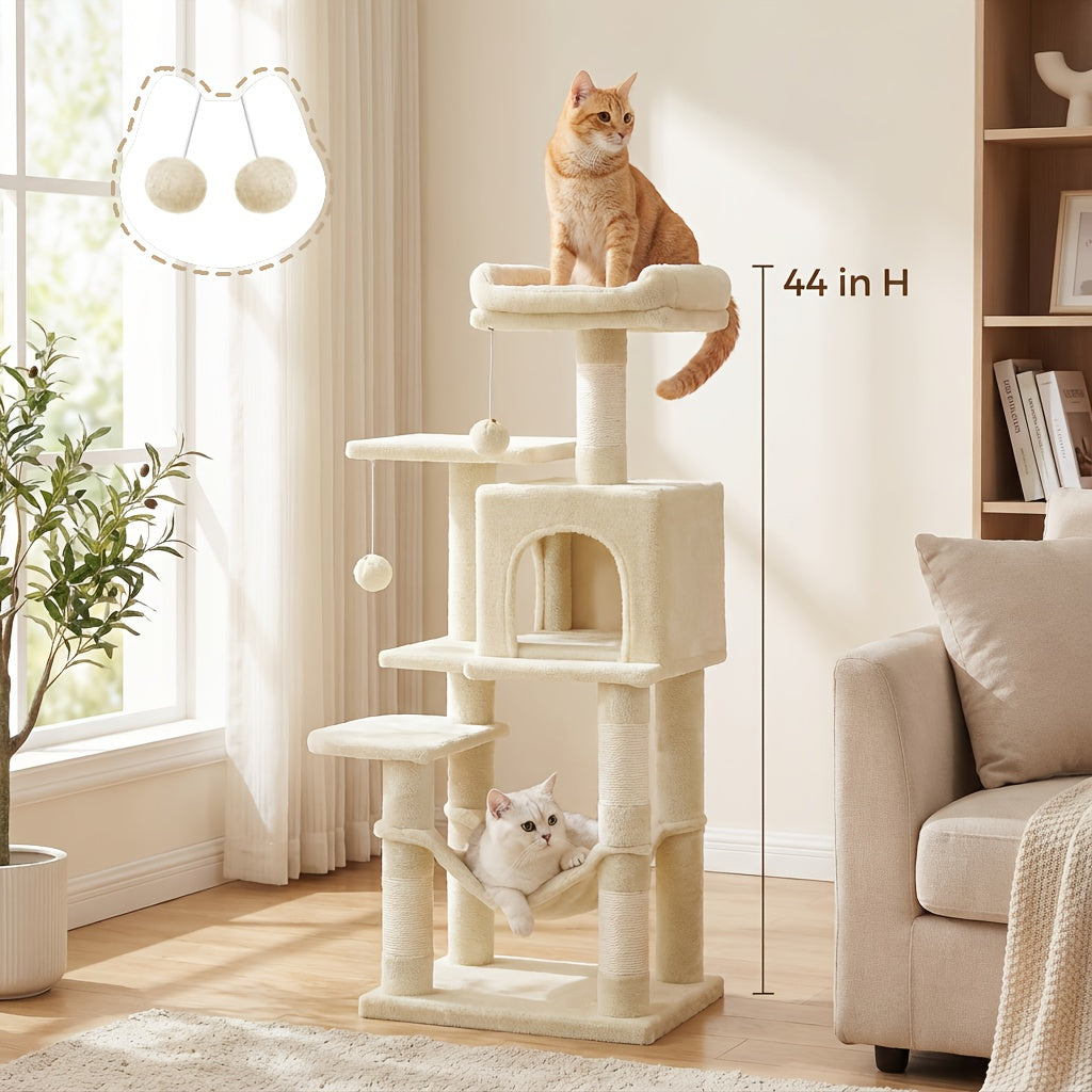 Multi-Level Cat Tree Tower with Cave & Plush Hammock - 44/66/79in Tall Cat Condo, 4 Sisal Scratching Posts, 2 Perches, Anti-Tilt, Pompom Toys for Multi-Cat Families, 5 Colors