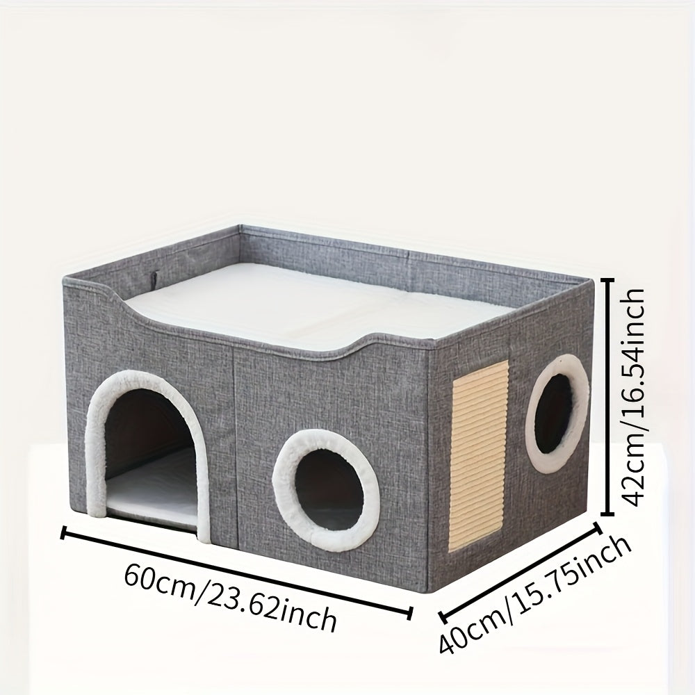 Foldable Cat Cube Bed with 2-Tier Perch, Toy Tunnel & Scratching Post – Space-Saving Indoor Cat House, 16.5x16.5x13 Inches, Plush & Canvas
