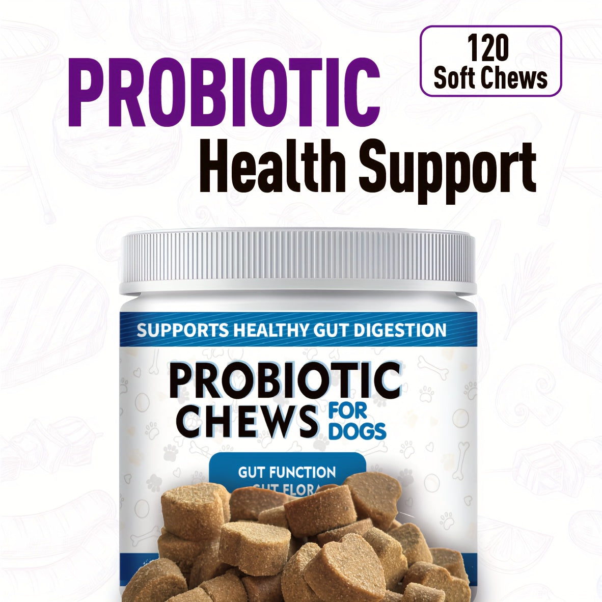 Probiotic & Digestive Enzyme Chews for Dogs – Gut Health, Skin Sensitivity Support & Prebiotics, Soft Chew Supplement, 30 or 120 Count