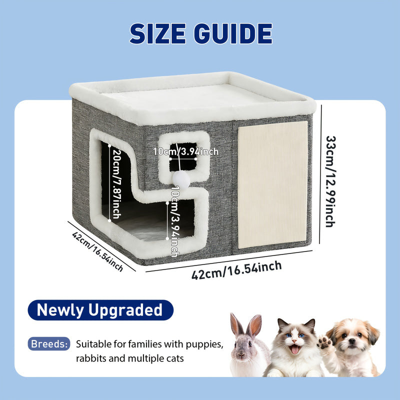 Indoor Cat House Condo 3-in-1 – Cat Bed Sleep Play & Scratch Box, Luxury Wooden Cube Ottoman Cat Cave Hideaway for Large Cats, Multi-Cat Friendly, Light Gray (Regular & Large)
