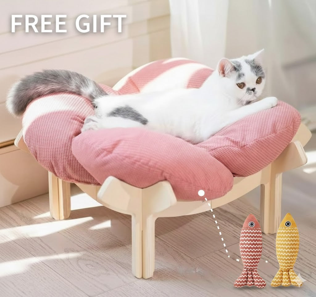 Elevated Wooden Cat Bed with Soft Cushion Raised Pet Lounge Chair Sofa – Modern Solid Wood Cat Hammock for Indoor Cats and Small Dogs with Linen Fish Toy
