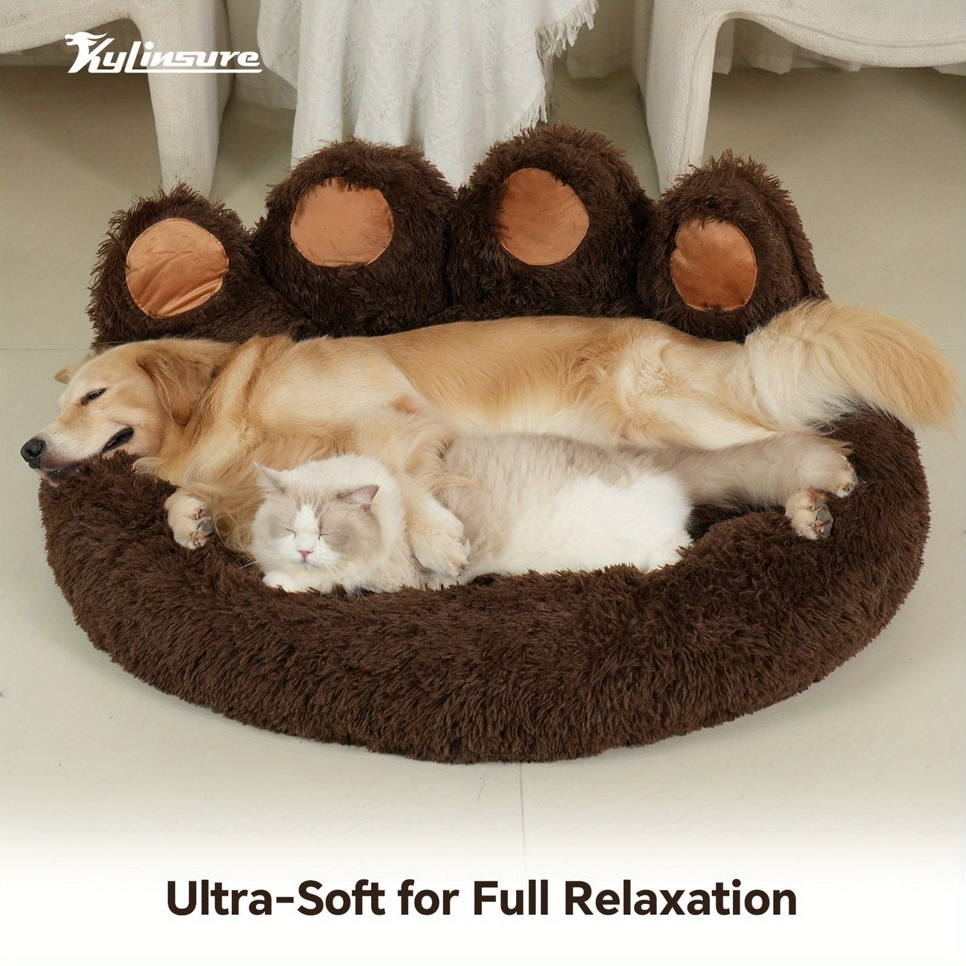 Calming Donut Dog Bed – Bear Paw Shaped Round Plush Pet Bed, Warm Soft Cushion for Dogs and Cats, Multiple Sizes with Bonus Pet Scarf