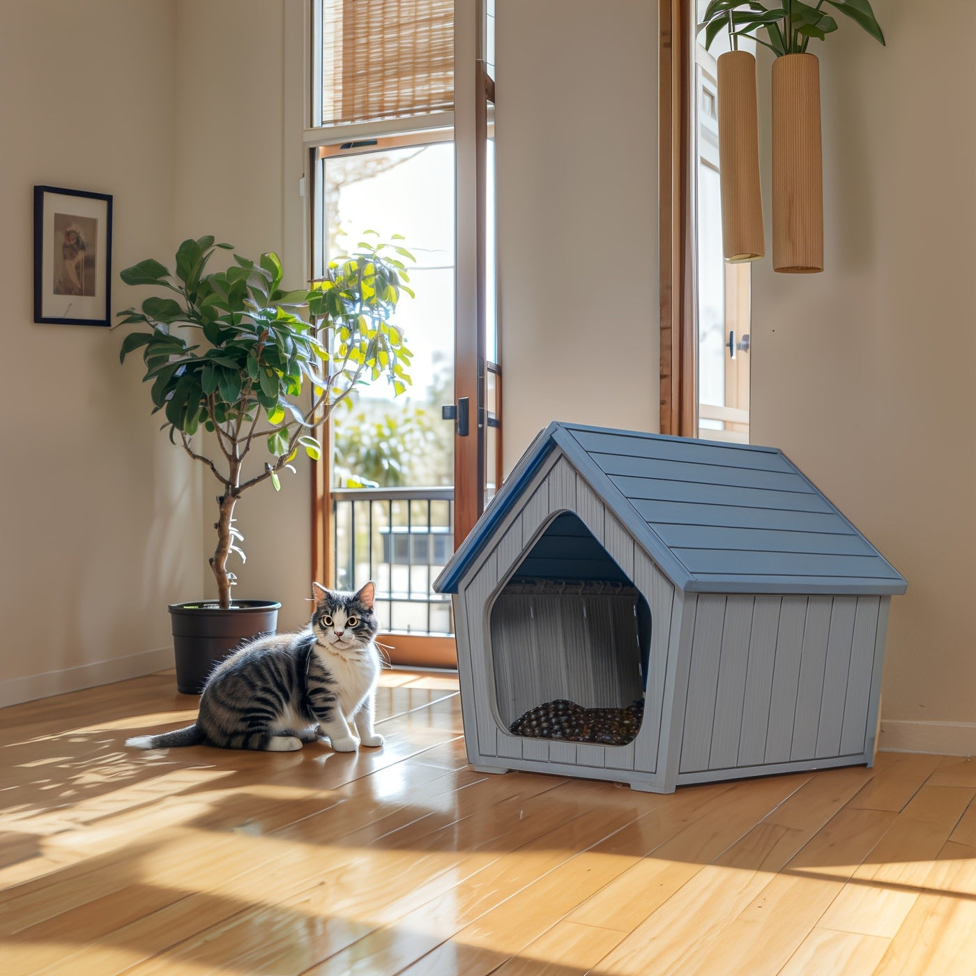 XL Resin Cat House Outdoor & Indoor with Raised Floor Resin Roof Easy Assembly - Weatherproof Cat Play Cage & Small Animal Enclosure 23.43" x 22.64" x 22.8"