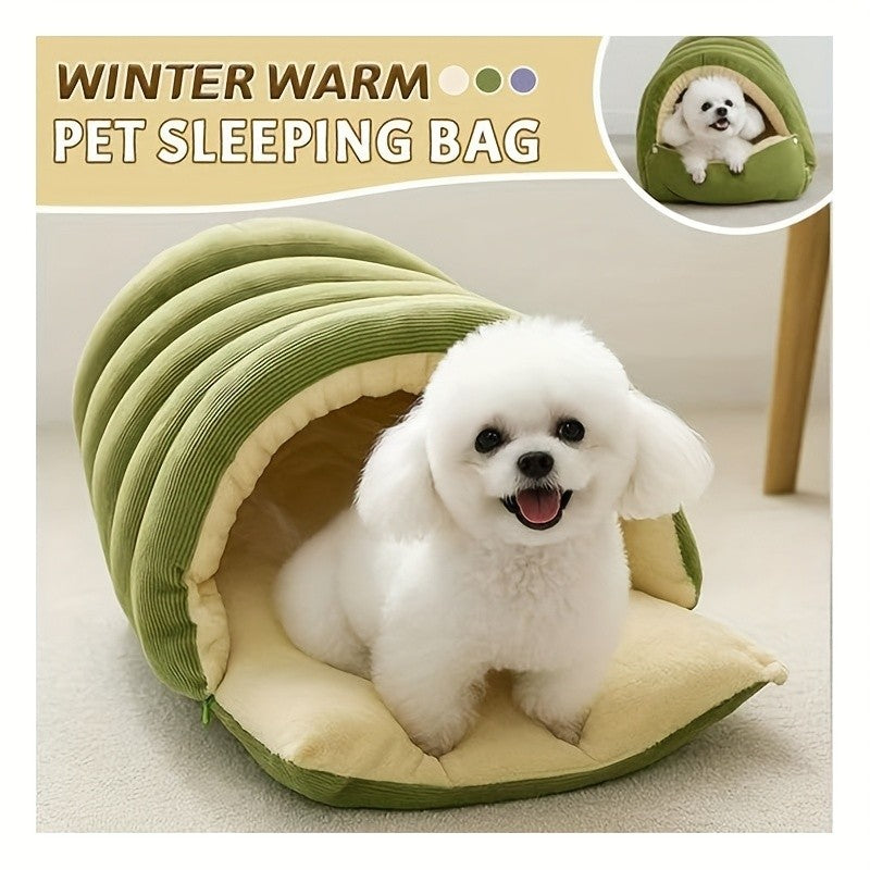 Cat Cave Bed for Indoor Cats – Cozy Cave-Style Tent with Removable Cushion, Warm Sleeping Bag Nest for Cats & Small Dogs, Autumn & Winter Pet Bed in Beige, Green & Purple