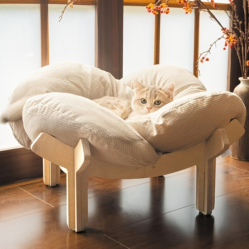 Elevated Wooden Cat Bed with Soft Cushion Raised Pet Lounge Chair Sofa – Modern Solid Wood Cat Hammock for Indoor Cats and Small Dogs with Linen Fish Toy